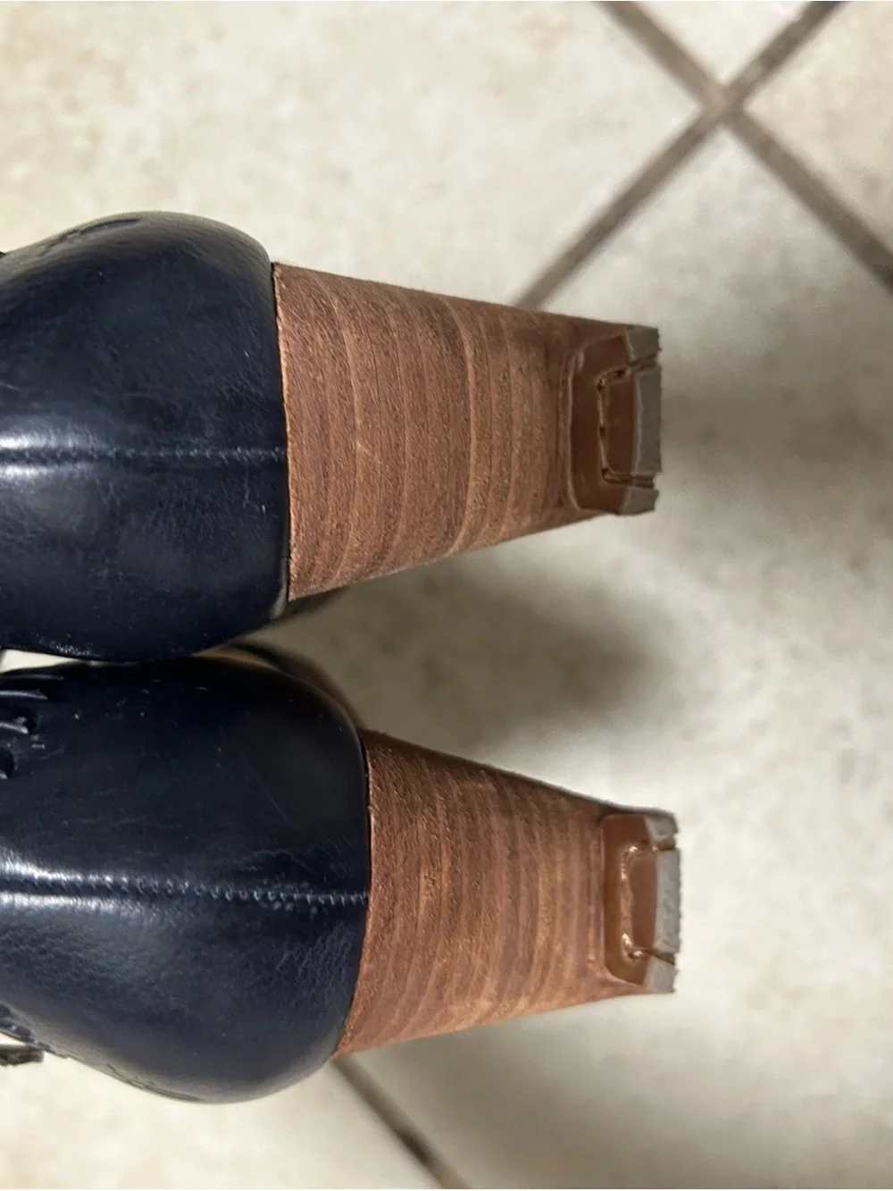 Frye Navy Leather Peep-Toe Ankle Strap Heels - Picture 4 of 5